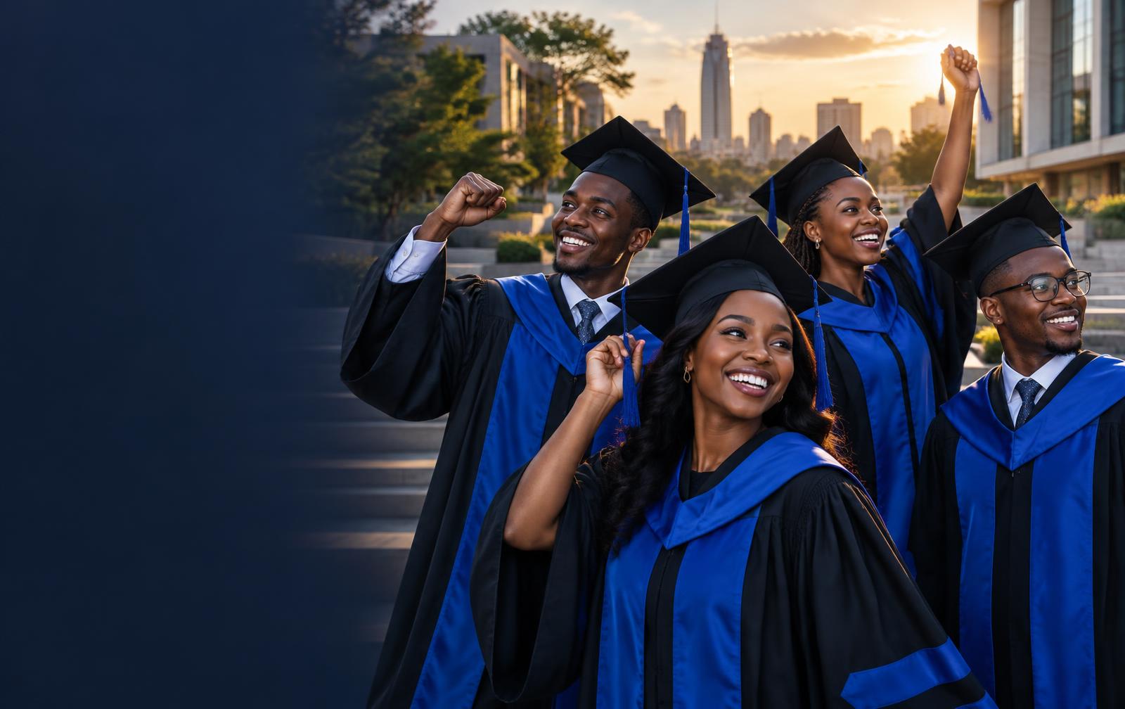 Kenyan university graduates celebrating in premium graduation gowns